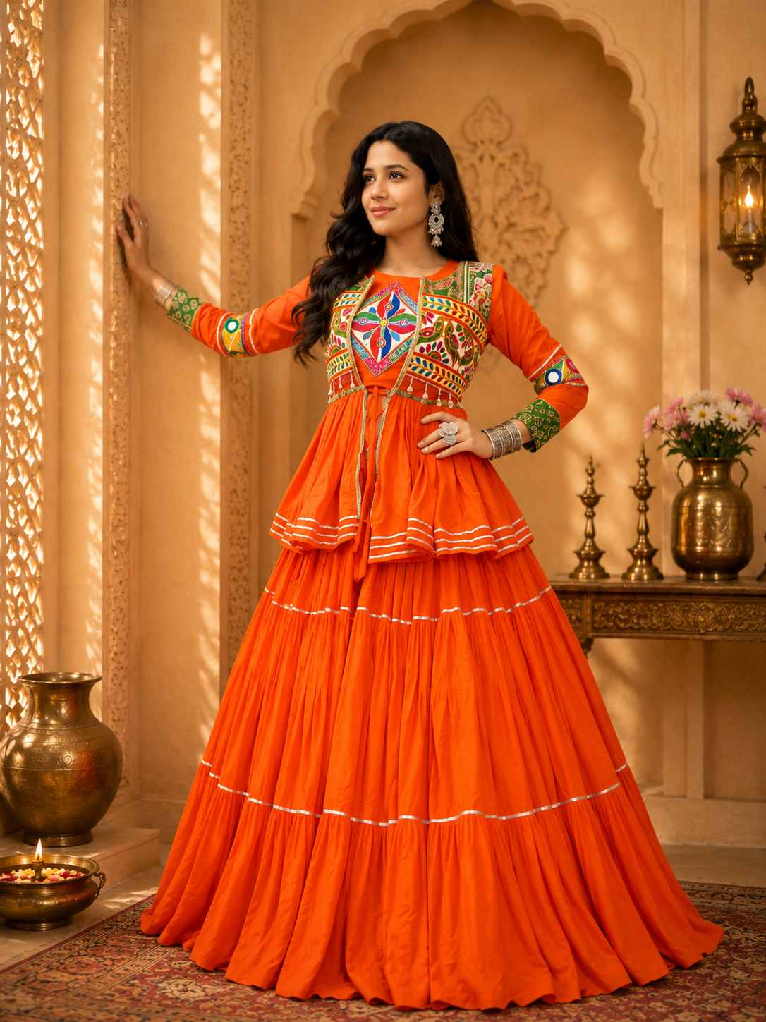Navratri Gamthi Work Cotton Lehenga Choli with Koti | 9 Meter Flair Mirror Work | Women's Garba Dress