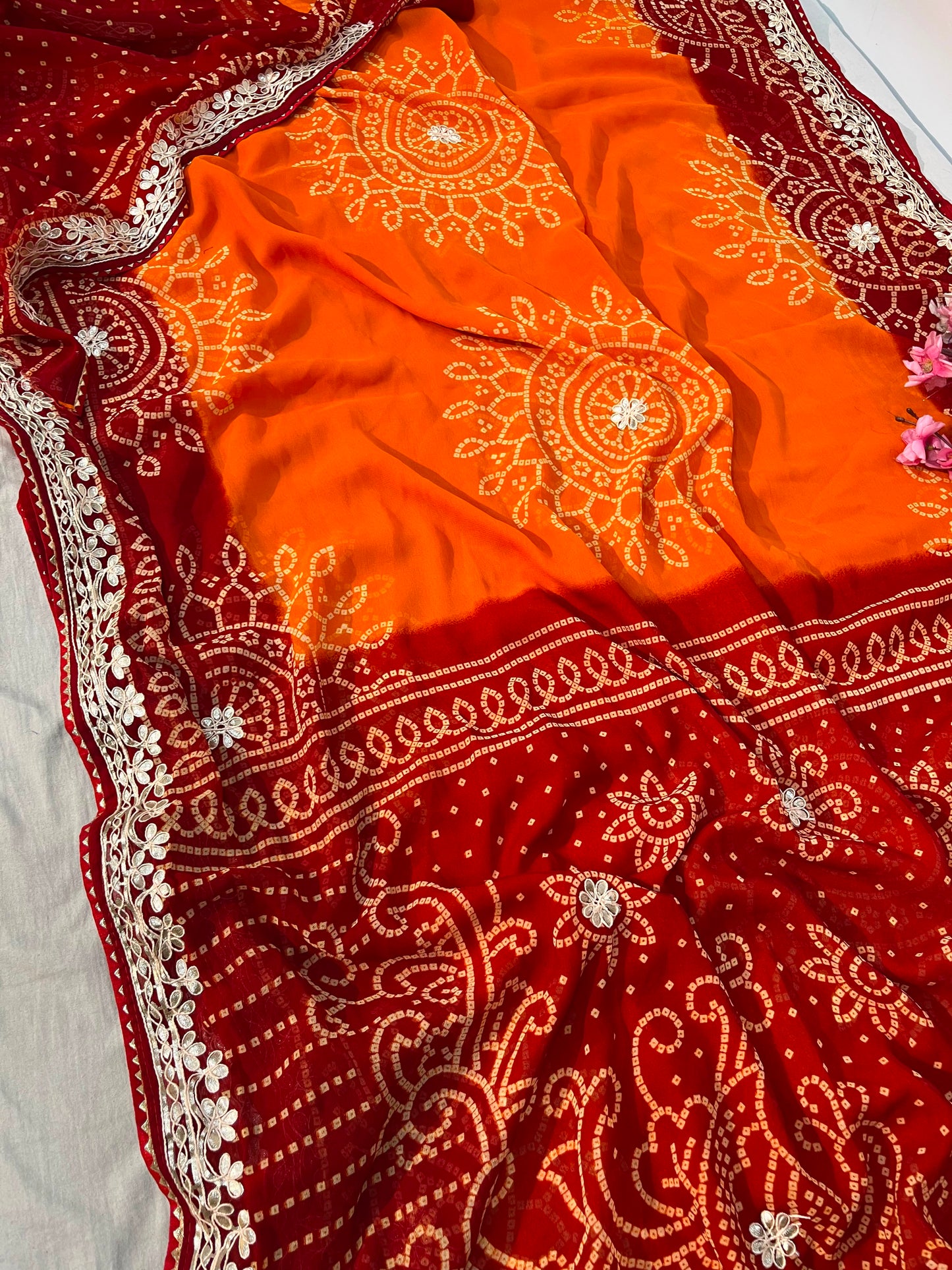 Premium Bandhani Peliya Saree with Heavy Multi Coding C-Pallu Work | Designer Party Wear Saree