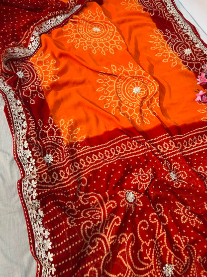 Premium Bandhani Peliya Saree with Heavy Multi Coding C-Pallu Work | Designer Party Wear Saree