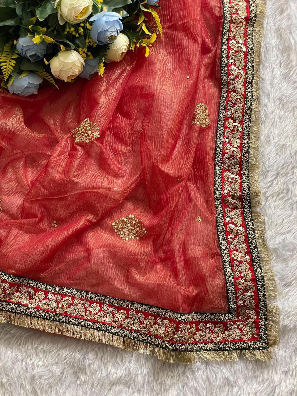 Heavy Soft Banarasi Crush Silk Saree With Embroidery Sequence & Coding Work Border
