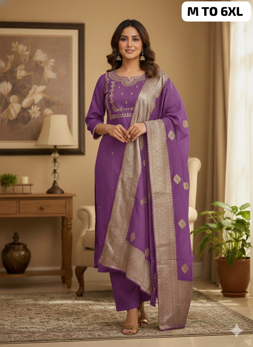 Premium Roman Silk Embroidered Kurti Pant Dupatta Set (M–6XL)