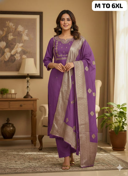 Premium Roman Silk Embroidered Kurti Pant Dupatta Set (M–6XL)