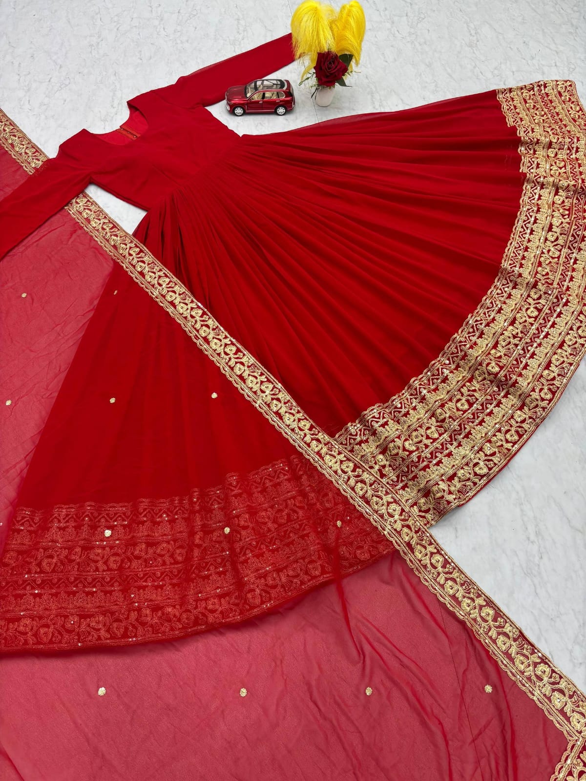 Red Fox Georgette Embroidered Anarkali Gown with Dupatta (Fully Stitched)