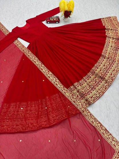 Red Fox Georgette Embroidered Anarkali Gown with Dupatta (Fully Stitched)