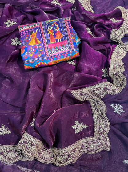 Premium Fendy Satin Saree with Coding Sequence Work