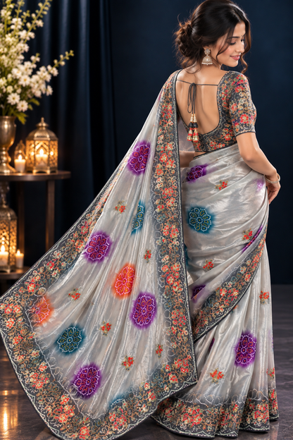 Soft Shine Space Silk Saree with Bandhej Print, C-Pallu Gotafoil Work & Butti