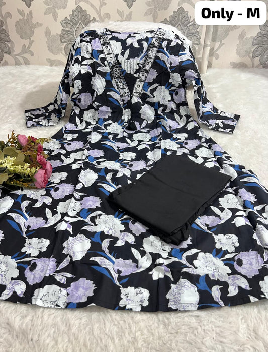 Best Seller Black Floral Printed Cotton Kurti | Only M Size