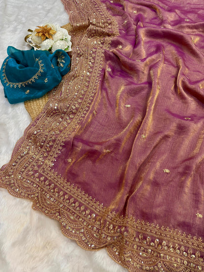 Elegant Space Chiffon Embroidery Saree with Scallop Border