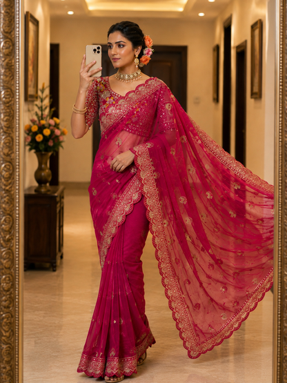 Soft Butterfly Net Saree with Sequins & Multi Thread Embroidery | Full Stitch Blouse