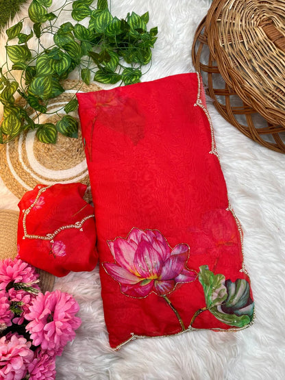 Pure Soft Teby Silk Saree with Digital Floral Print & Moti Cutdana Work Border
