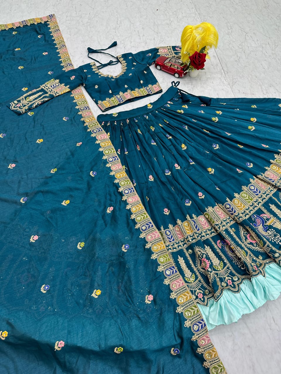 Designer Vichitra Silk Embroidered Lehenga Choli with Sequence Work Dupatta