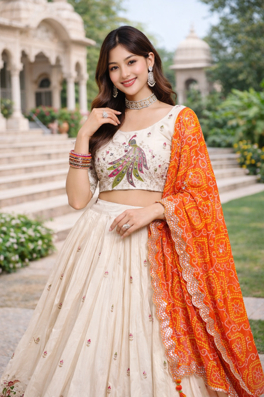 Festival Tissue Silk Lehenga Choli with Embroidery Sequence Work & Bandhej Dupatta