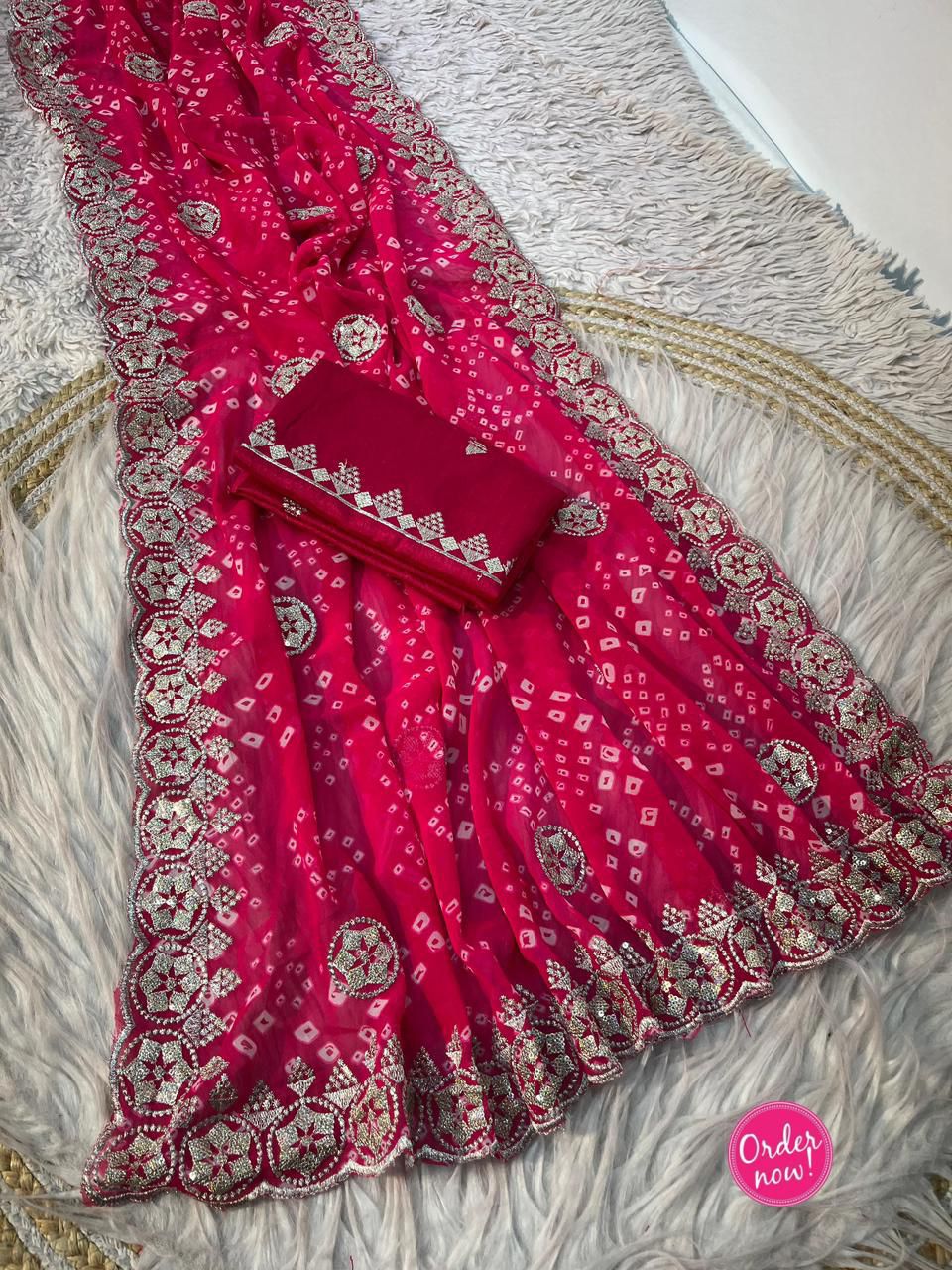 Bandhani Printed Saree with Rich Embroidered Border – Festive & Traditional Wear (2 Colors)