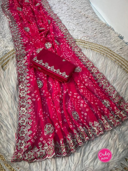 Bandhani Printed Saree with Rich Embroidered Border – Festive & Traditional Wear (2 Colors)