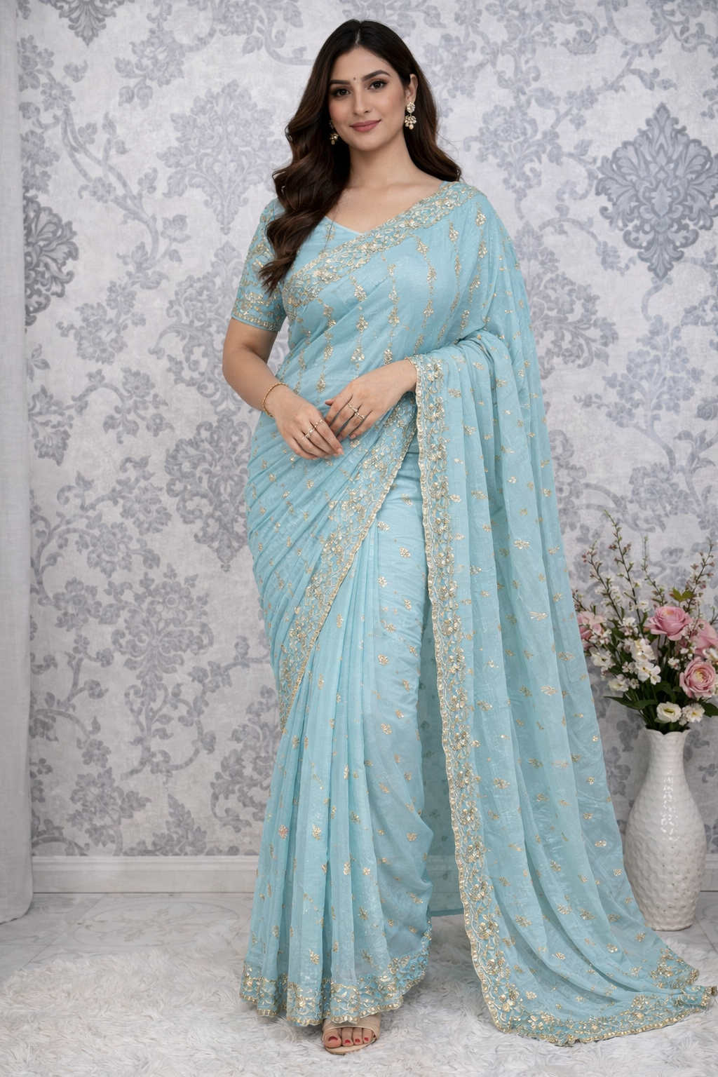 Star Georgette Sequence Embroidery Work Saree with Running Blouse