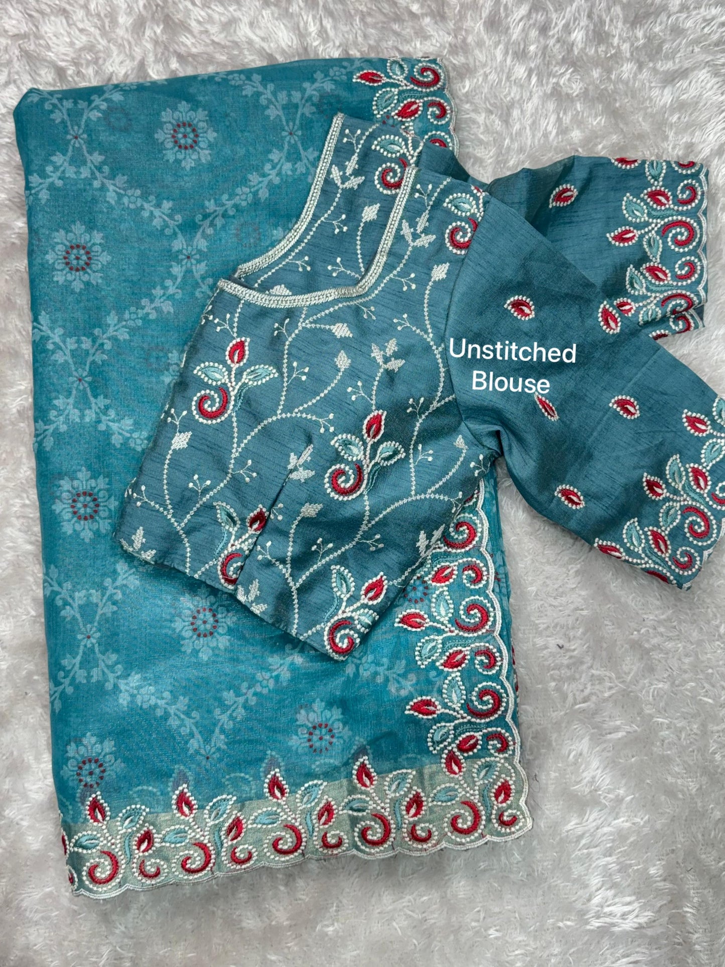 Barfi Cotton Satin Embroidered Saree with Designer Blouse