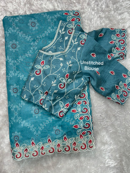 Barfi Cotton Satin Embroidered Saree with Designer Blouse