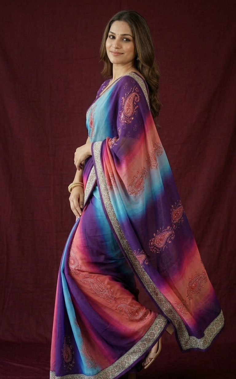 Designer Chinon Digital Print Mirror Work Saree Collection