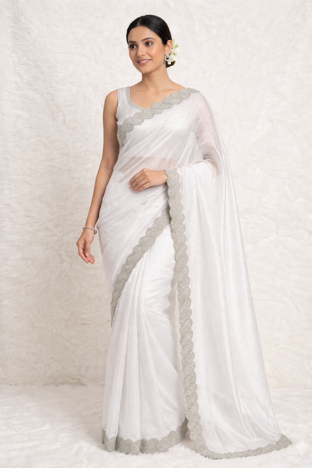 Elegant Jimmy Choo Saree with Handwork Lace Border & Cutwork Design