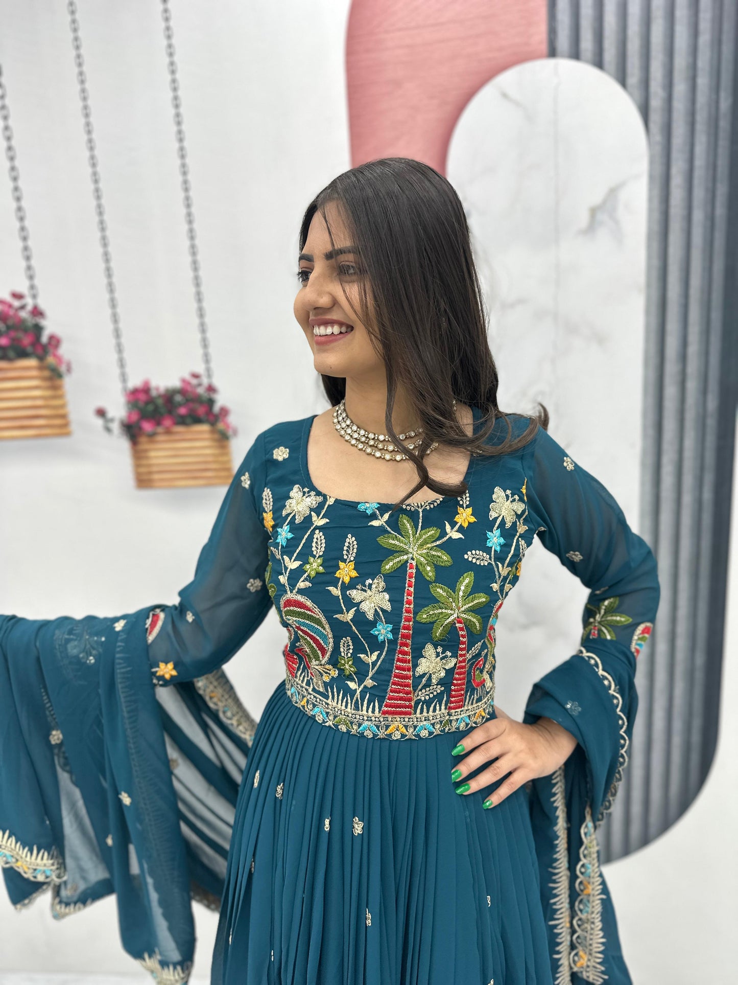 Embroidered Georgette Festive Gown with Dupatta