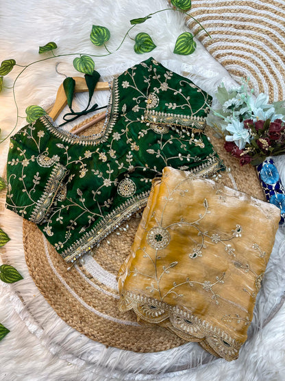 Ananya Soft Satin Silk Embroidery Saree with Heavy Border & Stitched Blouse