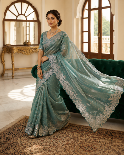 Soft Space Silk Satin Saree With Heavy Embroidery Sequence & Zari Work