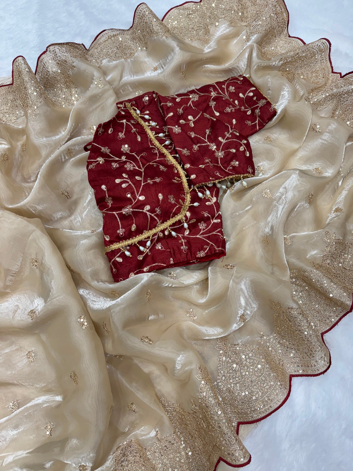 Cream Soft Jimmy Chuu Saree with Sequins & Zari Embroidery Work