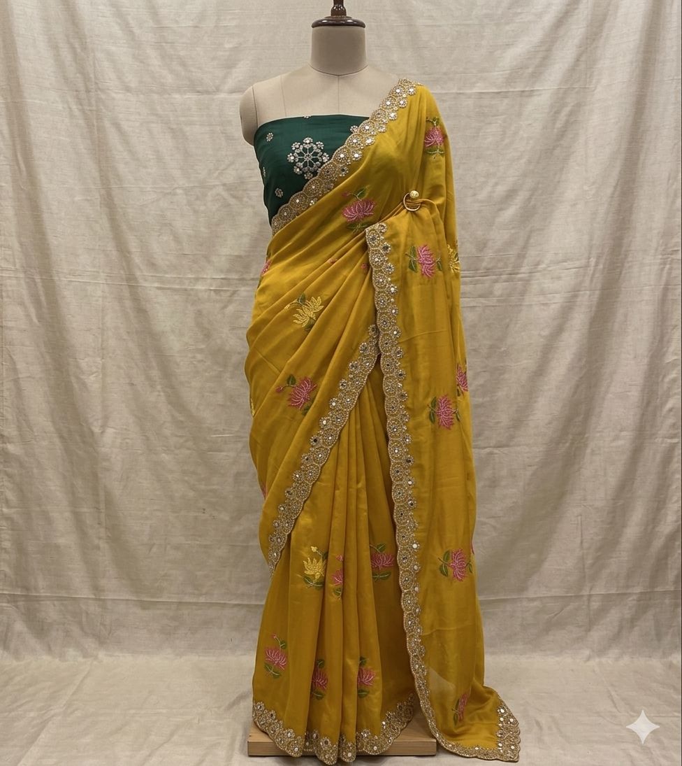 Designer Rangoli Silk Saree With Embroidery Work & Real Mirror Cutwork Border