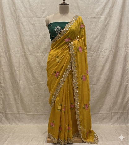 Designer Rangoli Silk Saree With Embroidery Work & Real Mirror Cutwork Border