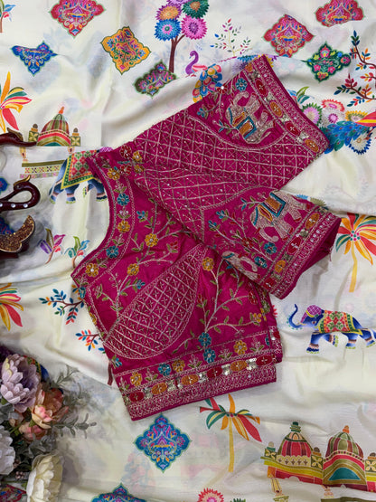 Printed Chinnon Silk Saree with Sequins Embroidery & Banglori Blouse