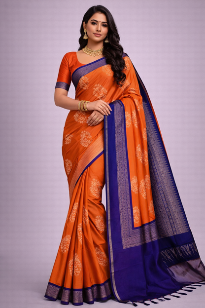 Orange Blue Jacquard Saree
