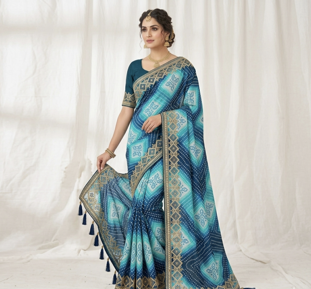 Designer Bandhej Print Saree with Rich Zari Border & Tassel Pallu – Festive Collection