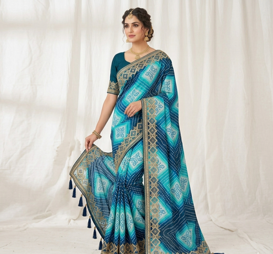 Designer Bandhej Print Saree with Rich Zari Border & Tassel Pallu – Festive Collection