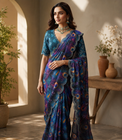 Soft Georgette Mosaic Digital Print Saree with Swarovski Scalloped Border