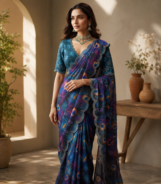 Soft Georgette Mosaic Digital Print Saree with Swarovski Scalloped Border