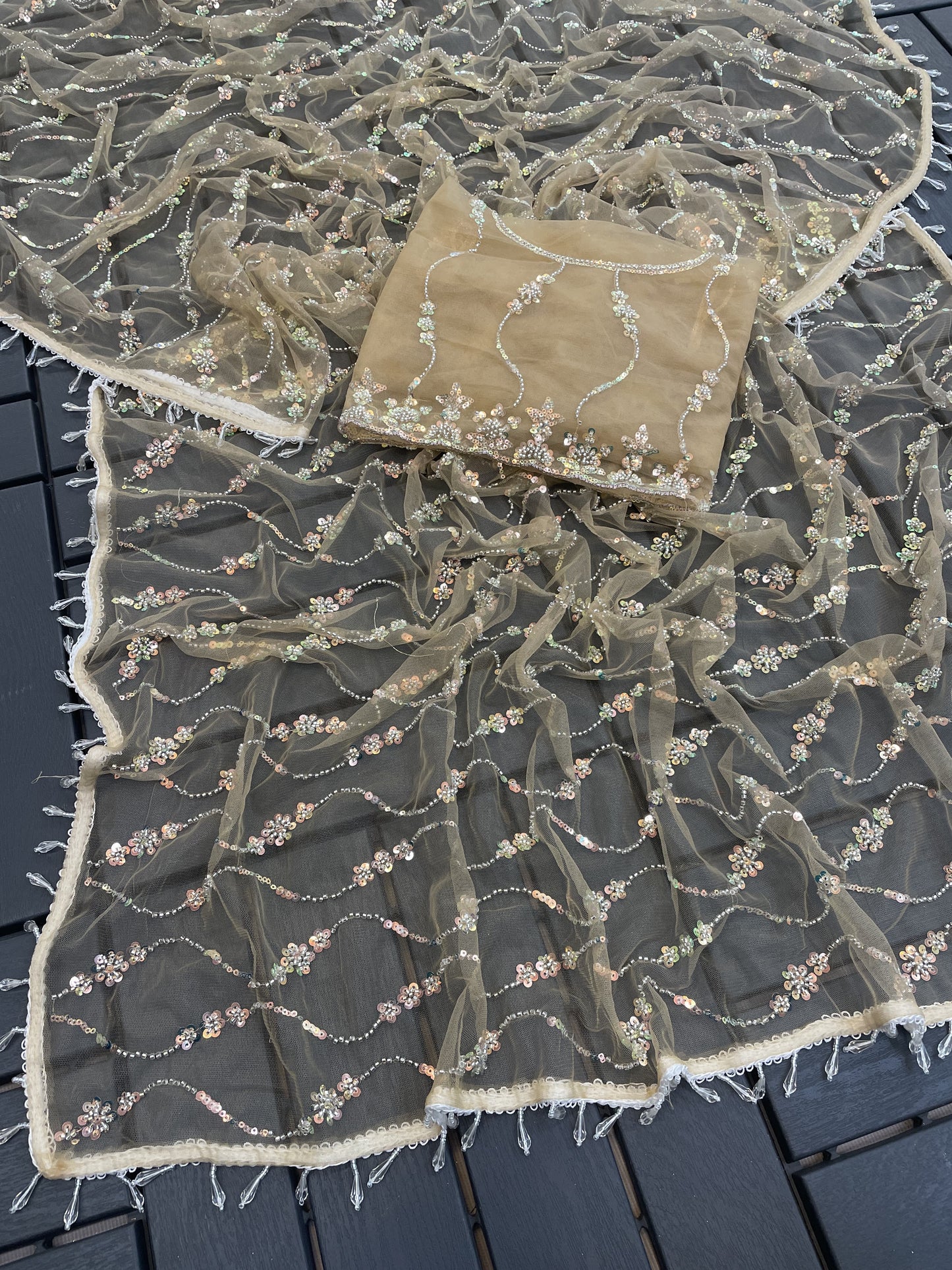 Sufy Premium Butterfly Net Saree with Beads & Moti Sequin Work