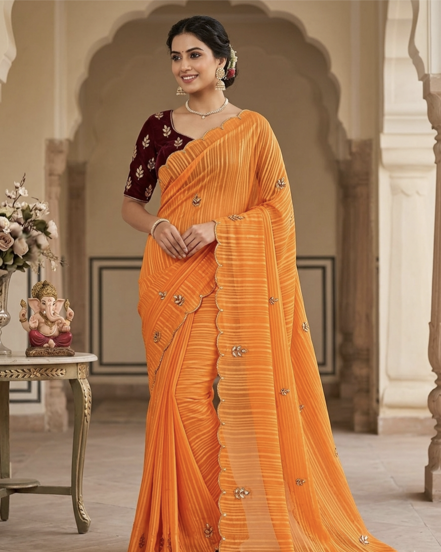 Premium Chiffon Saree with Scalloped Border & Embroidery Work – Elegant Party Wear
