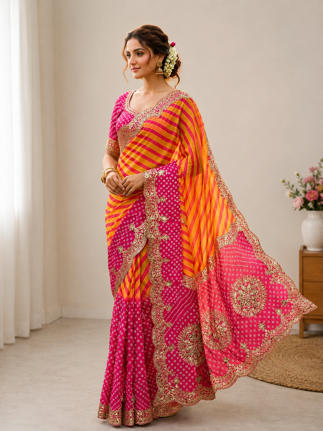 Chinon Digital Leheriya Saree with Heavy Gota Foil Work & Rich Pallu