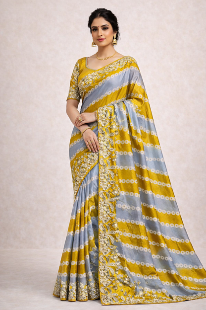 Designer Bandhej Print Silk Saree with Heavy Embroidered Floral Border