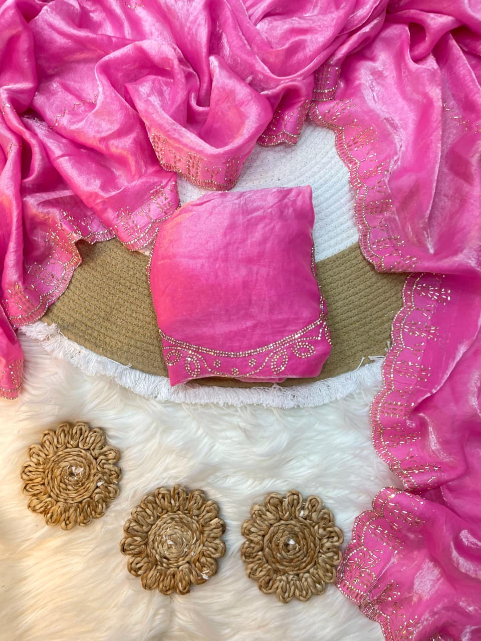 Rupali Pink Space Silk Saree with Hand Jharkhand Cutdana Border & Designer Blouse