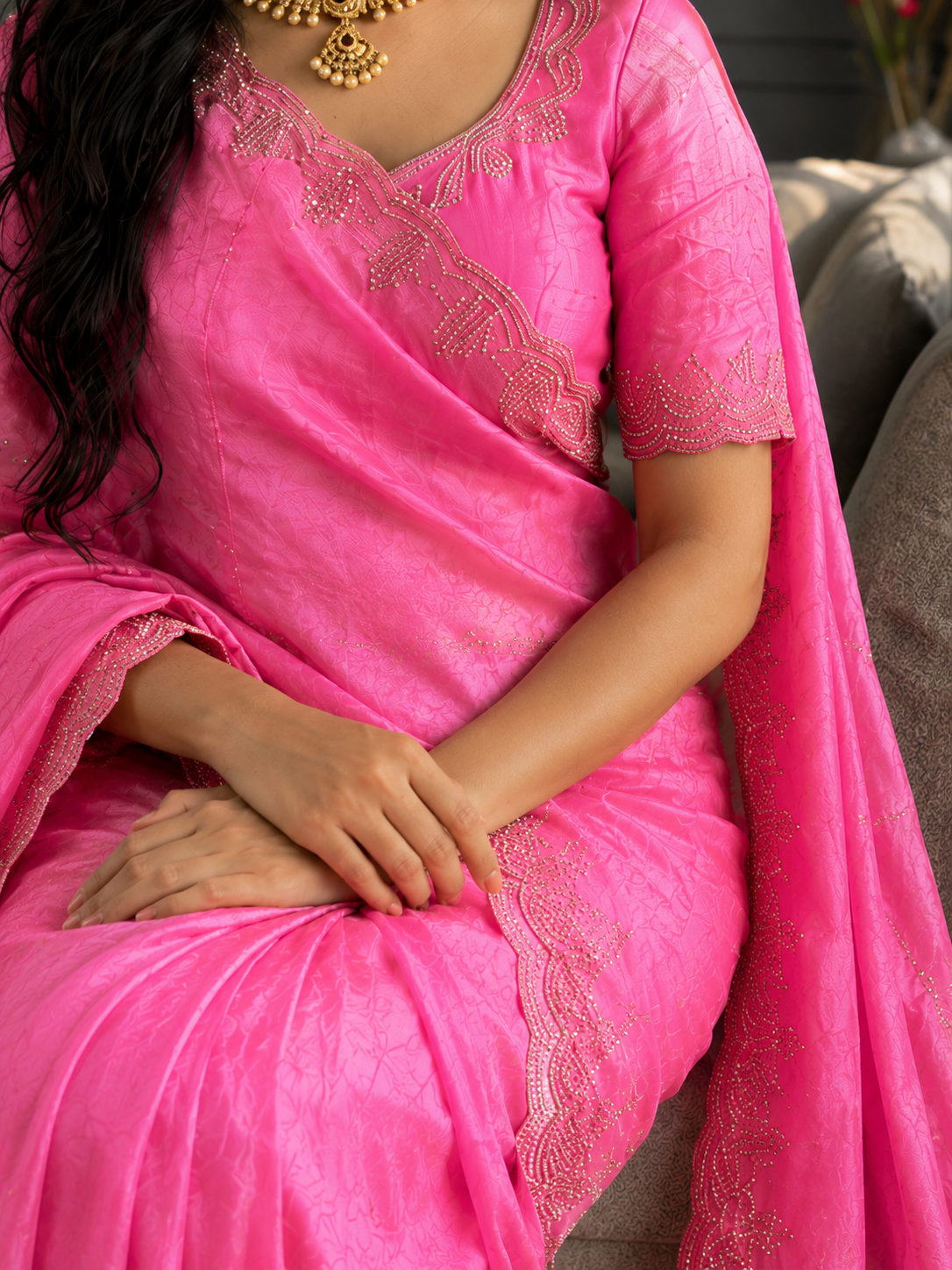 Rupali Pink Space Silk Saree with Hand Jharkhand Cutdana Border & Designer Blouse