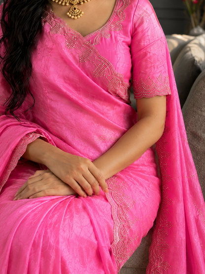 Rupali Pink Space Silk Saree with Hand Jharkhand Cutdana Border & Designer Blouse
