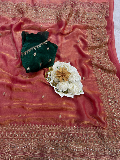 Elegant Space Chiffon Embroidery Saree with Scallop Border