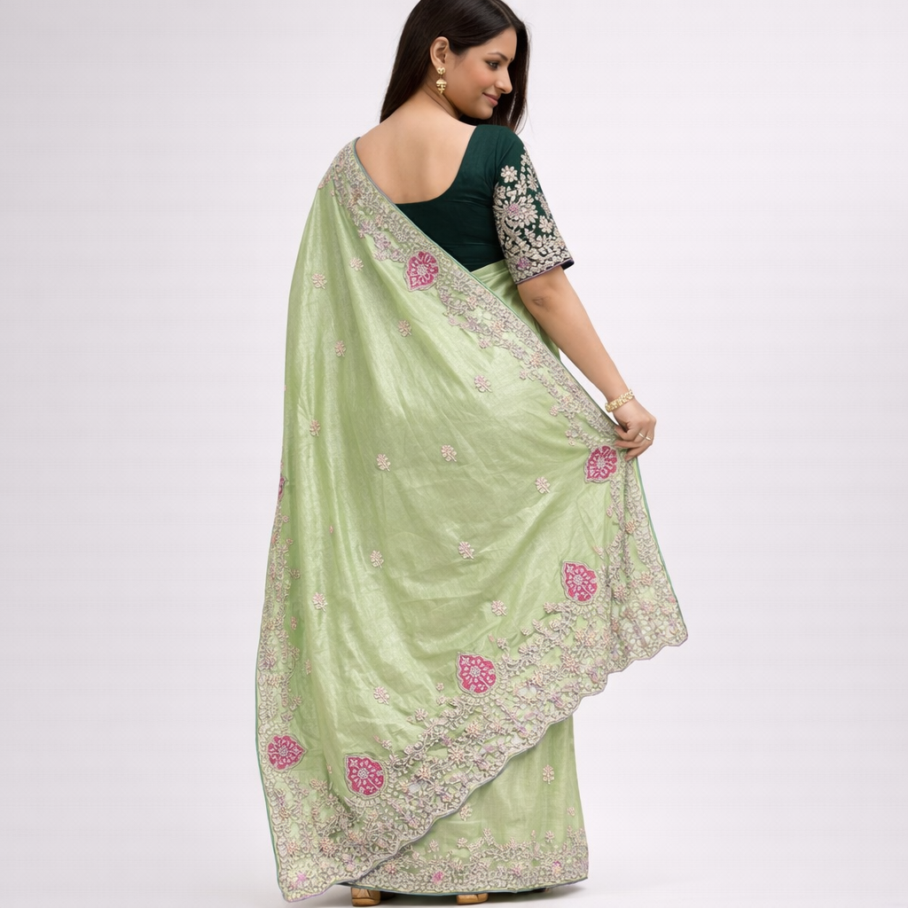 Blooming Chocolate Silk Embroidery Designer Saree With Unstitched Blouse