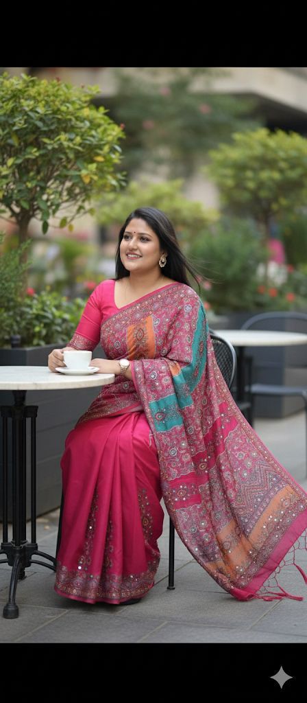 Yellow Mirror Chinon Saree with Digital Print & Mirror Work