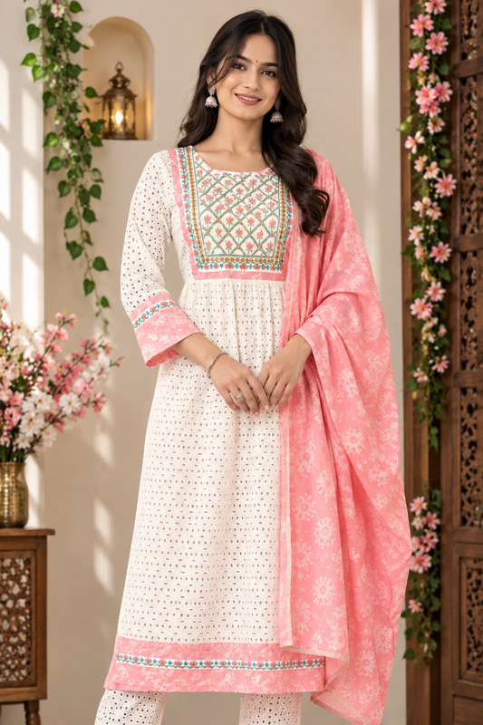 Cotton Kurti Pant Dupatta Set with Sequins Embroidery & Gota Lace | Designer Ethnic Wear