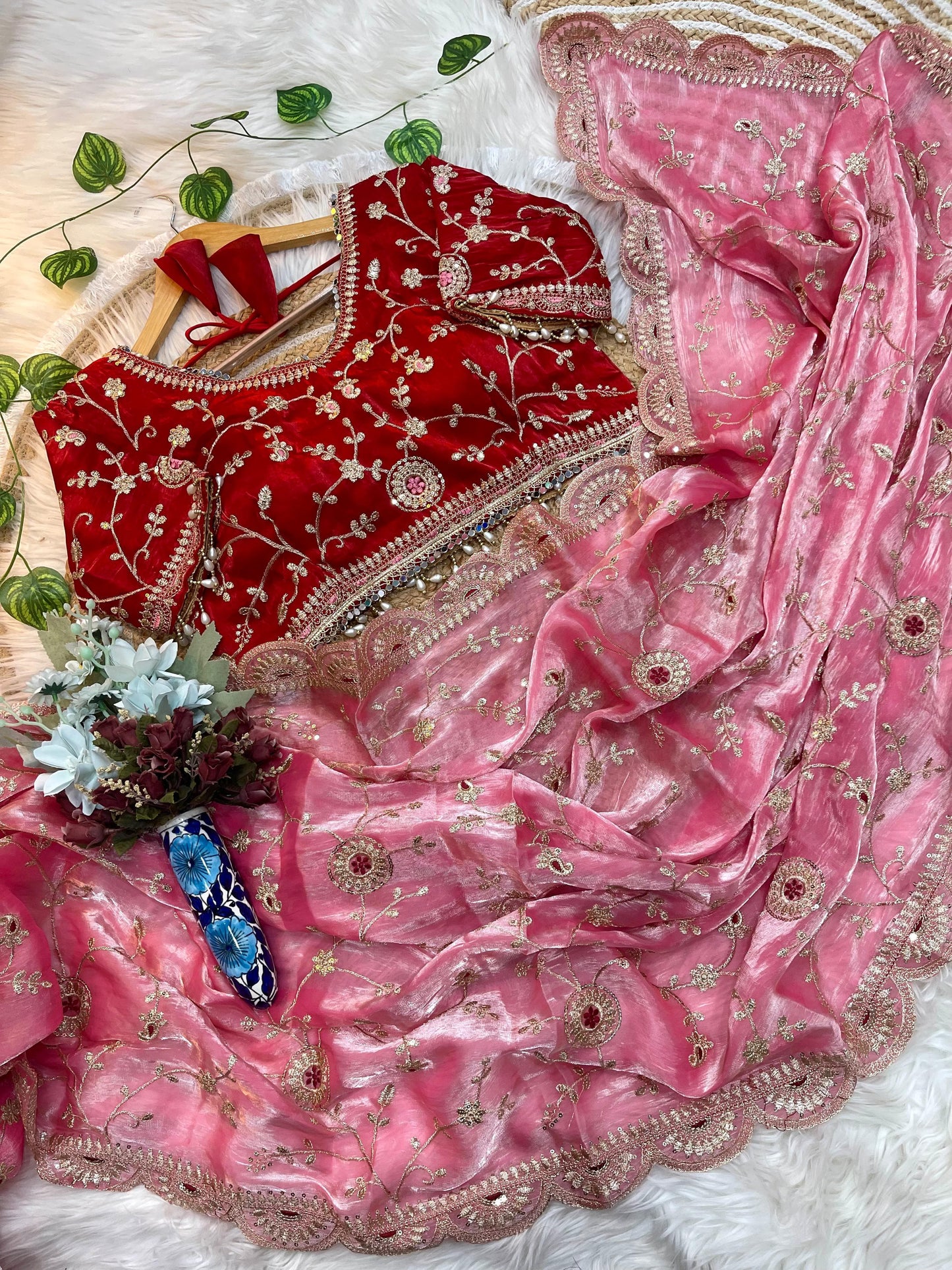 Ananya Soft Satin Silk Embroidery Saree with Heavy Border & Stitched Blouse