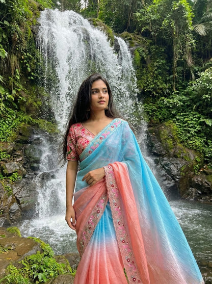 Candy Crush Embroidery Border Saree with Stitched Blouse