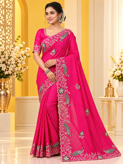 Georgette Muthda Saree with Peacock Thread Work & Cut Work