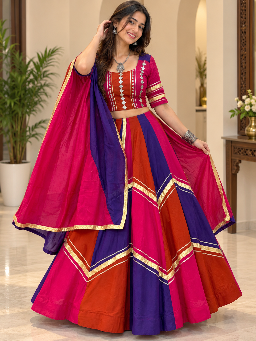 Navratri Special Roman Silk Lehenga Choli with Real Mirror Work | 6+ Meter Flair